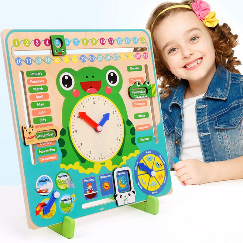 Montessori Frog Shape Wooden Multifunctional Calendar Clock